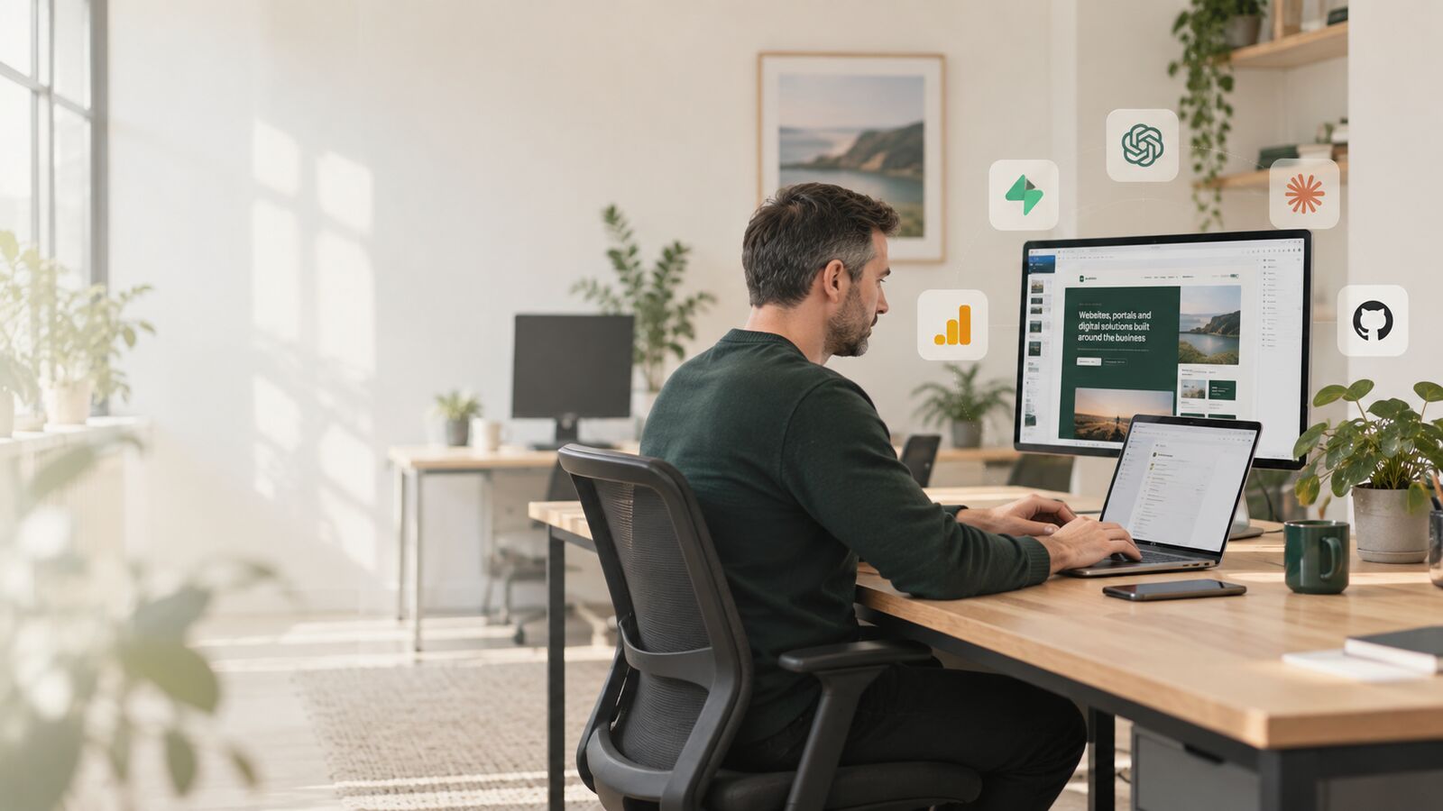 A developer at a bright Irish office desk reviewing the An Bothán Technologies website on a large monitor and laptop.